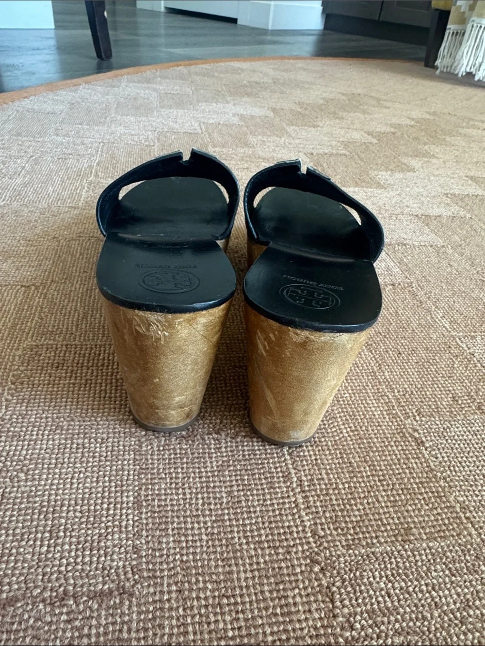 Tory Burch Ines 80 mm Black Leather Logo Slide Wooden Wedge